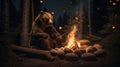 AI generated illustration of a friendly brown bear is peacefully enjoying a warm bonfire