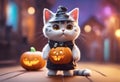 AI generated illustration of a friendly cartoon cat wearing festive Halloween attire Royalty Free Stock Photo