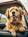 AI generated illustration of a friendly Golden Retriever looking out of a car Royalty Free Stock Photo