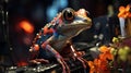 AI generated illustration of a frog perched atop a computer keyboard with orange blossoms Royalty Free Stock Photo