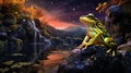 AI generated illustration of a frog perched on a rock near a pond Royalty Free Stock Photo
