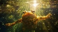 AI generated illustration of a frog swimming in the pond with bubbles under the sun rays