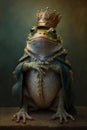 AI generated illustration of a frog wearing a regal costume with a crown and cape