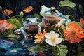 AI generated illustration of the frogs on the pond surrounded by vibrant water lilies