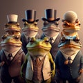 AI generated illustration of frogs wearing suits and hats