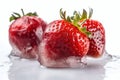 AI generated illustration of frozen juicy red strawberries on a wet white surface