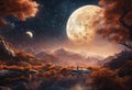 AI generated illustration of the full moon casting moonlight on a tranquil mountain lake Royalty Free Stock Photo