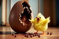 AI generated illustration of a funny chick screaming next to Easter large chocolate egg