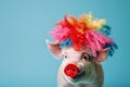 AI-generated illustration of a funny pig-clown with a red nose on a blue background Royalty Free Stock Photo
