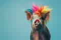 AI-generated illustration of a funny pig-clown with a red nose on a blue background Royalty Free Stock Photo