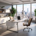 AI generated illustration of a furnished office space, featuring a contemporary desk Royalty Free Stock Photo