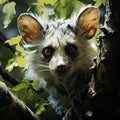 AI generated illustration of a furry creature perched on a tree branch