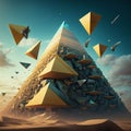 AI generated illustration of futuristic ancient pyramids with sunset sky