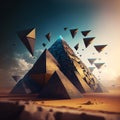 AI generated illustration of futuristic ancient pyramids with sunset sky