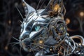 AI generated illustration of a futuristic cat robot in stylish attire with a camera