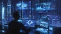 AI generated futuristic data command center with holographic dashboards and global analytics Royalty Free Stock Photo