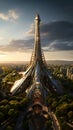 AI generated illustration of a futuristic design of the Eiffel Tower in Paris, France