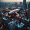 AI generated illustration of a futuristic drone flying over a city
