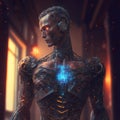 AI generated illustration of a futuristic modern robot with a glowing blue core