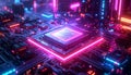 Futuristic Neon AI Processor Chip on Circuit Board â Cyberpunk Semiconductor Technology, Artificial Intelligence Hardware Royalty Free Stock Photo