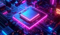 Futuristic Neon AI Processor Chip on Circuit Board â Cyberpunk Semiconductor Technology, Artificial Intelligence Hardware Royalty Free Stock Photo