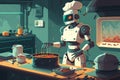 AI generated illustration of futuristic robot chef preparing food in the kitchen