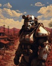 AI generated illustration of a futuristic robotic knight in armor in a desert