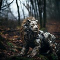 AI generated illustration of a futuristic robotic lion in the forest