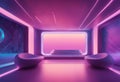 AI generated illustration of a futuristic room with bright pink lighting and modern furniture