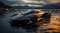 AI generated illustration of a futuristic sleek black car parked on a sandy beach