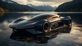 AI generated illustration of a futuristic sleek black car parked on a sandy beach