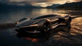 AI generated illustration of a futuristic sleek black car parked on a sandy beach