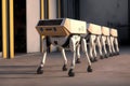 AI generated illustration of futuristic small robots standing still in a row