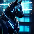 AI generated illustration of a futuristic wolf cyborg with glowing blue details