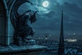 AI-generated illustration of a gargoyle on a Gothic church wall at night Royalty Free Stock Photo