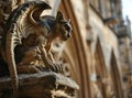 AI generated illustration of a gargoyle sculpture perched on a Gothic building