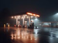 a gas station on a wet day with red light shining