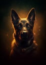 AI generated illustration of A German Shepherd standing in the spotlight, looking at the camera
