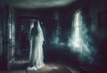 AI generated illustration of a ghost of a bride illuminated in a dark room