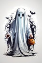 AI generated illustration of a ghost holding a cheerful orange Halloween pumpkin