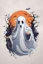 AI generated illustration of a ghost holding a cheerful orange Halloween pumpkin