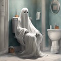 AI generated illustration of a ghost sitting atop an off-white porcelain toilet in a bathroom