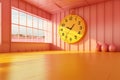 AI generated illustration of a giant clock in an empty room on a sunny day