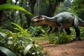 a large statue of a dinosaur walking in a lush green area