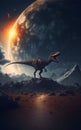 AI generated illustration of a giant dinosaur in a surreal planet
