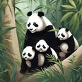 AI generated illustration of giant pandas walking leisurely through a lush bamboo forest