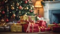 AI generated illustration of gift boxes wrapped in colorful paper near a Christmas tree Royalty Free Stock Photo