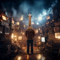 AI generated illustration of a giraffe standing in front of a wall filled with television sets