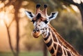 AI generated illustration of a giraffe standing in a grassy landscape near a group of trees