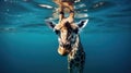 AI generated illustration of a giraffe wading through water while searching for nourishment